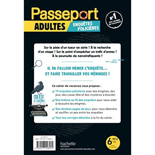 Cahier de vacances pour adultes avec 19 enquêtes policières, explorez des mystères, idéal pour amateurs de romans policiers et thrillers psychologiques.