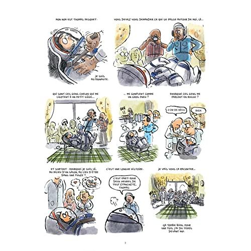 Bande dessinée humoristique sur l'astronaute Thomas Pesquet, aventure spatiale captivante et artistique, idéale pour les passionnés d'espace et de BD.