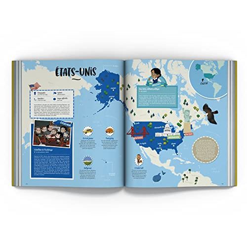 Atlas éducatif pour enfants avec illustrations colorées et informations culturelles mondiales par Unique Heritage Editions.