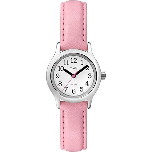 Montre Timex pour fille rose avec bracelet en cuir synthétique, cadran rétro-éclairé, étanche 30m, idéale première montre.