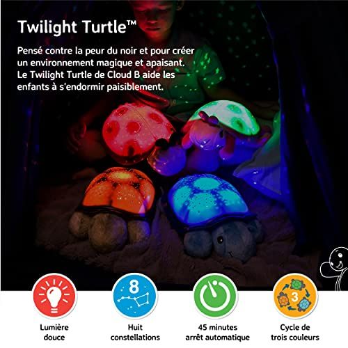 Veilleuse peluche Twilight Turtle avec projection d'étoiles et sélection de couleurs.
