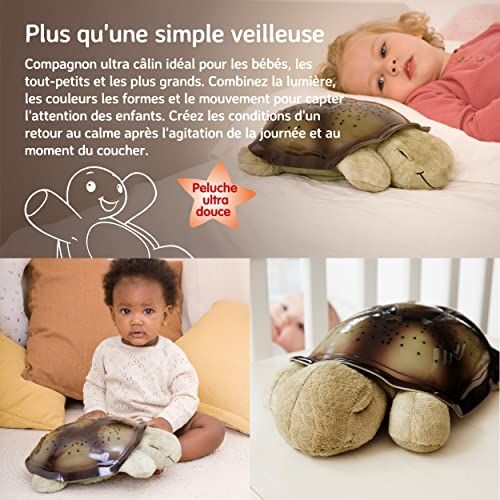 Veilleuse peluche Twilight Turtle avec projection d'étoiles et sélection de couleurs.