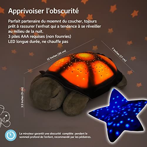 Veilleuse peluche Twilight Turtle avec projection d'étoiles et sélection de couleurs.