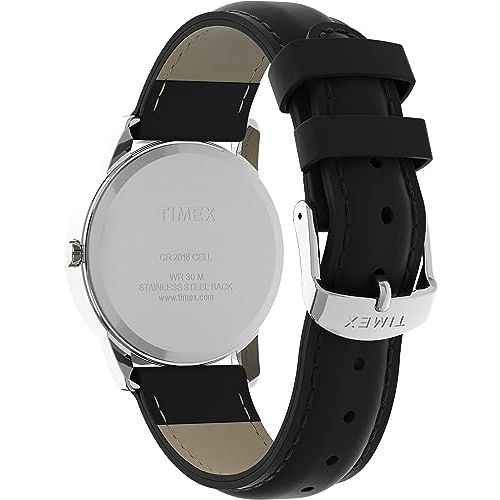 Montre Timex en cuir noir, boîtier doré, élégante et fonctionnelle.
