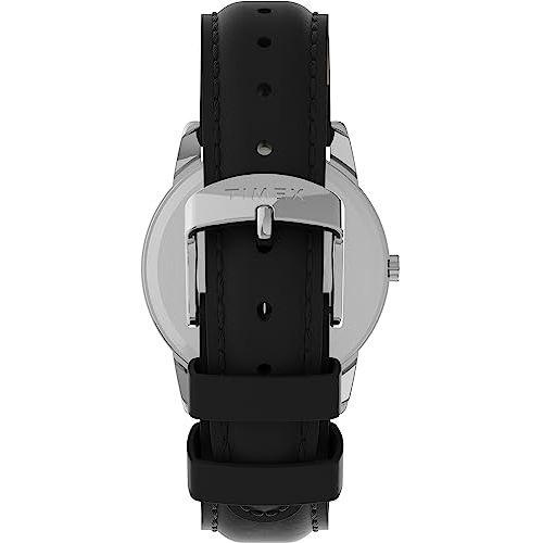 Montre Timex en cuir noir, boîtier doré, élégante et fonctionnelle.