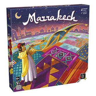 Jeu de société Marrakech avec tapis colorés, pièces de monnaie et figurine en bois pour enfants et adultes.