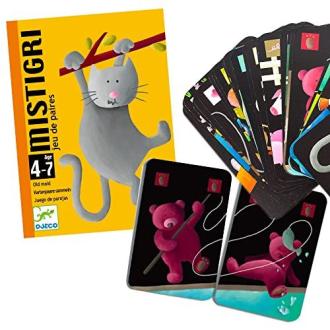 Jeu de cartes Mistigri de DJECO avec illustrations animaux colorées pour enfants et familles, jeu de mémoire et attention.