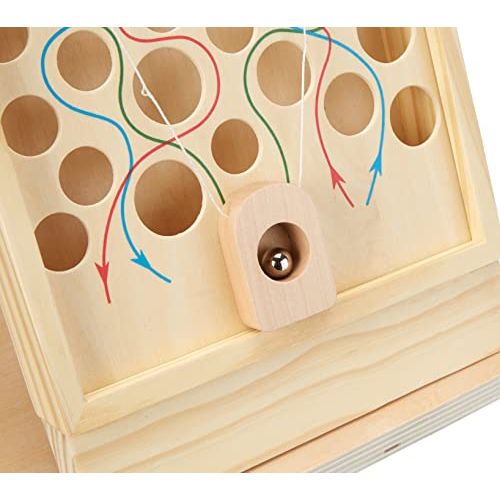 Labyrinthe vertical en bois pour enfants, jouet éducatif vintage avec billes et circuits colorés.