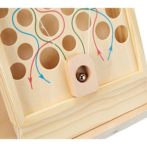 Labyrinthe vertical en bois pour enfants, jouet éducatif vintage avec billes et circuits colorés.