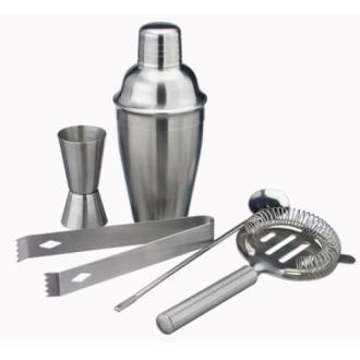 Set à cocktail en Inox Brossé avec 5 accessoires de mixologie de qualité pour préparer simultanément deux cocktails avec élégance.