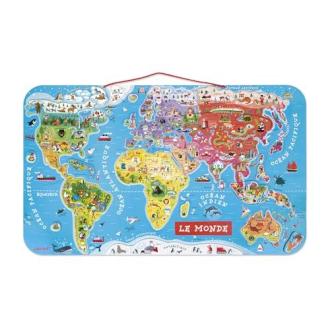 Carte du monde magnétique pour enfants de la marque Janod, éducative et ludique, avec 92 magnets colorés représentant différents pays et régions.
