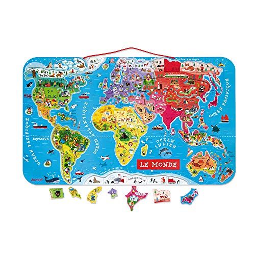 Carte du monde magnétique pour enfants de la marque Janod, éducative et ludique, avec 92 magnets colorés représentant différents pays et régions.