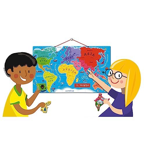 Carte du monde magnétique pour enfants de la marque Janod, éducative et ludique, avec 92 magnets colorés représentant différents pays et régions.