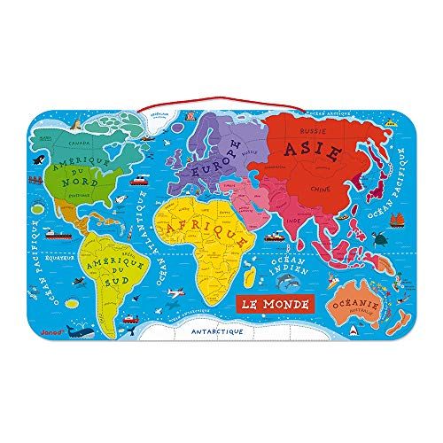 Carte du monde magnétique pour enfants de la marque Janod, éducative et ludique, avec 92 magnets colorés représentant différents pays et régions.