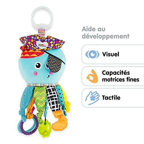 Doudou Calamar Lamaze multicolore avec tentacules tactiles, hochet, miroir et clip pour éveil sensoriel bébé.