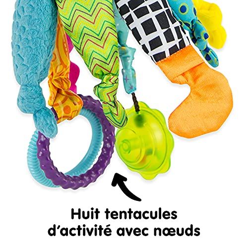 Doudou Calamar Lamaze multicolore avec tentacules tactiles, hochet, miroir et clip pour éveil sensoriel bébé.