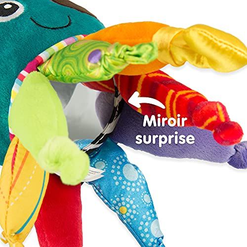 Doudou Calamar Lamaze multicolore avec tentacules tactiles, hochet, miroir et clip pour éveil sensoriel bébé.