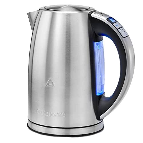 Bouilloire Cuisinart moderne 2750W avec écran LCD, 2 températures, arrêt auto, acier inox.