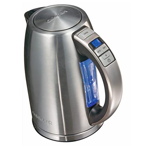 Bouilloire Cuisinart moderne 2750W avec écran LCD, 2 températures, arrêt auto, acier inox.