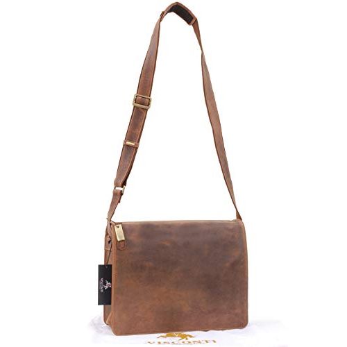 Sac Gibecière de travail Visconti en cuir véritable, idéal pour professionnels modernes, design élégant avec laiton antique, pratique et spacieux, idée cadeau parfaite.
