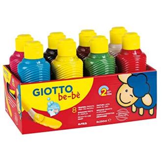 Gouache Giotto be-bè pour bébé, peinture non-toxique, flacons colorés éco-responsables, idéal pour créativité des enfants.