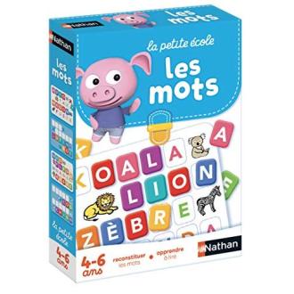 Jeu éducatif La Petite École Les Mots pour enfants, avec cartes illustrées pour apprentissage de l'écriture.
