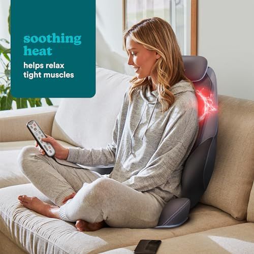 Siège massant Homedics shiatsu avec trois programmes pour détente et soulagement des douleurs dorsales à domicile.