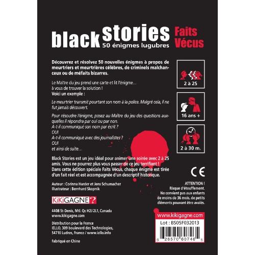 Jeu de société Black Stories pour soirées entre amis, énigmes et mystères.