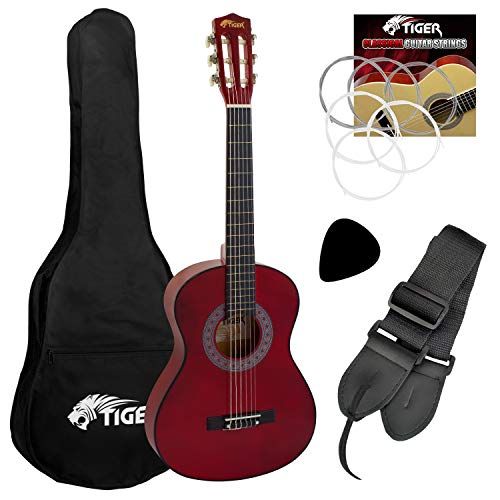 Guitare classique rouge Tiger pour enfants de 6 à 9 ans avec accessoires.