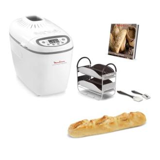Machine à pain Moulinex avec 16 programmes automatiques, écoresponsable, pour du pain maison, baguettes, confitures et plus, utilisable dès le matin.