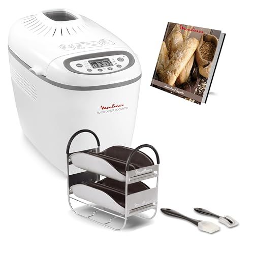 Machine à pain Moulinex avec 16 programmes automatiques, écoresponsable, pour du pain maison, baguettes, confitures et plus, utilisable dès le matin.