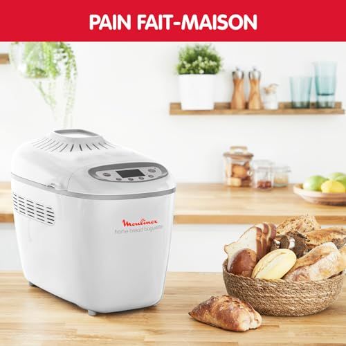 Machine à pain Moulinex avec 16 programmes automatiques, écoresponsable, pour du pain maison, baguettes, confitures et plus, utilisable dès le matin.