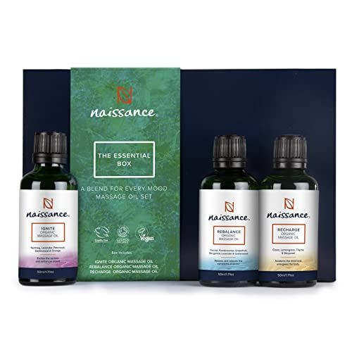 Coffret de 3 huiles de massage bio Naissance 100% naturelles pour relaxation et soin de la peau.