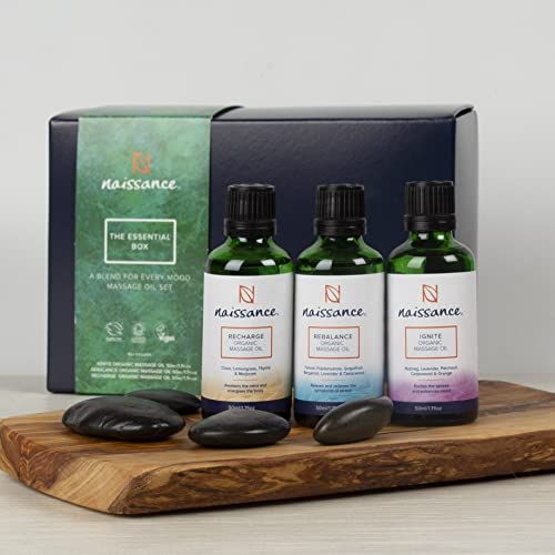 Coffret de 3 huiles de massage bio Naissance 100% naturelles pour relaxation et soin de la peau.