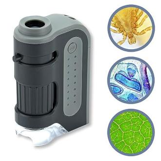 Microscope de poche Carson MicroBrite Plus avec éclairage LED et grossissement réglable pour exploration scientifique et éducative.