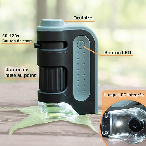 Microscope de poche Carson MicroBrite Plus avec éclairage LED et grossissement réglable pour exploration scientifique et éducative.