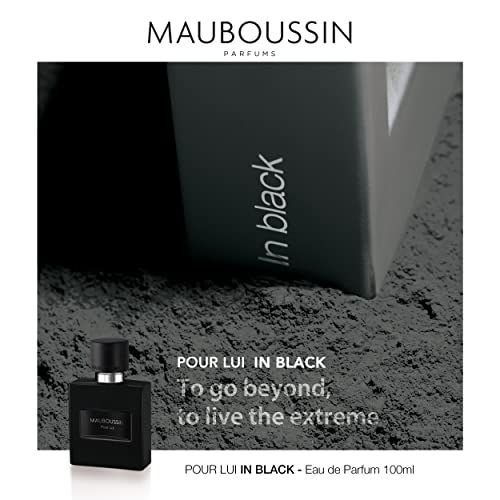 Parfum Mauboussin Pour Lui In Black pour homme, notes boisées orientales, flacon élégant, cadeau idéal pour occasions spéciales, intensité et élégance.