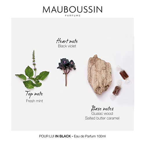 Parfum Mauboussin Pour Lui In Black pour homme, notes boisées orientales, flacon élégant, cadeau idéal pour occasions spéciales, intensité et élégance.