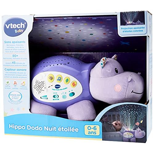 Veilleuse Hippo Dodo VTech colorée avec projection étoilée et capteur de pleurs pour bébés.