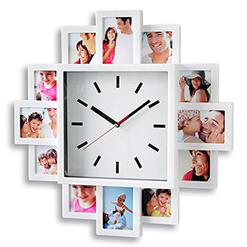 Horloge murale blanche Levandeo avec 12 cadres pour photos personnelles, idée cadeau personnalisé et décoratif.