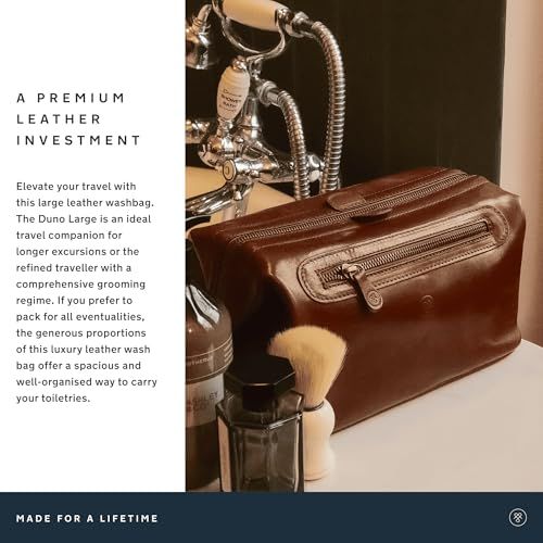 Trousse de toilette en cuir de luxe pour homme Maxwell Scott, idéale pour cadeaux élégants et voyages sophistiqués.