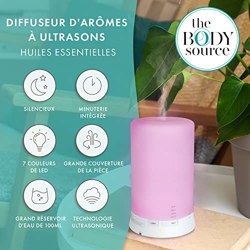 Diffuseur d'huiles essentielles ultrasonique avec lampes LED intégrées, minuterie programmable et fonctionnement silencieux.