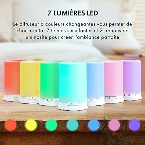 Diffuseur d'huiles essentielles ultrasonique avec lampes LED intégrées, minuterie programmable et fonctionnement silencieux.