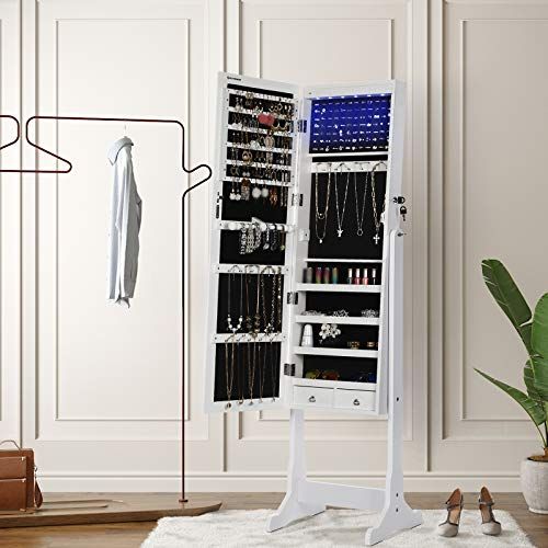 Armoire à bijoux élégante avec miroir et éclairage LED, parfait pour organiser colliers, bagues et bracelets.