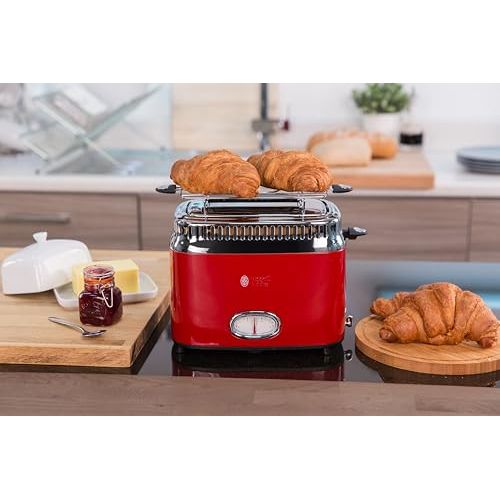 Toaster Vintage Russell Hobbs rouge avec finitions en acier, design rétro et technologie Fast Toast