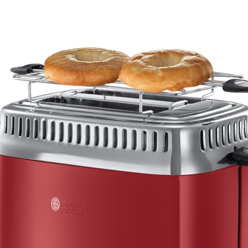 Toaster Vintage Russell Hobbs rouge avec finitions en acier, design rétro et technologie Fast Toast