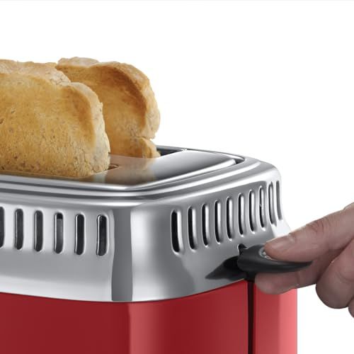 Toaster Vintage Russell Hobbs rouge avec finitions en acier, design rétro et technologie Fast Toast