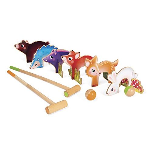 Jeu de croquet en bois Janod pour enfants avec animaux, éducatif et durable pour jardin.