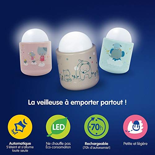 Veilleuse Pabobo automatique sécurisante pour enfants, lumière douce et mobile avec technologie intelligente économe en énergie.