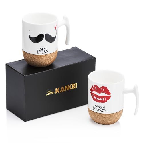 Coffret tasses couple amusant avec marquage lèvres rouge et moustaches noires